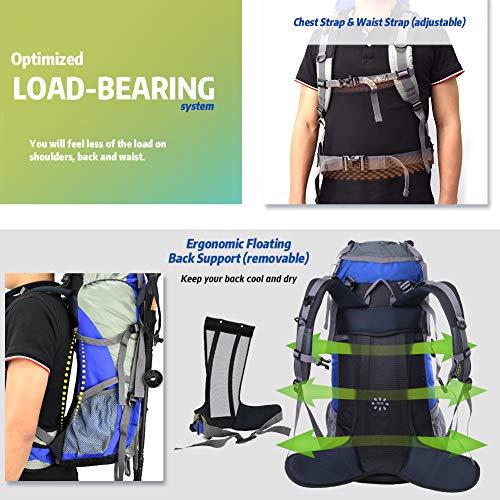 novosun Hiking Backpack,Lightweight Camping Backpack for Men Women Youth Backpacking Backpack with Rain Cover External Frame Travel Backpack for Hiking Camping Climbing Outdoor Travel (Gray) (Blue)