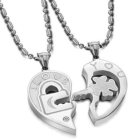 IDOLCO Stainless Steel Matching Set Engraved "I Love You" Promise Key to My Heart Necklace for Couples