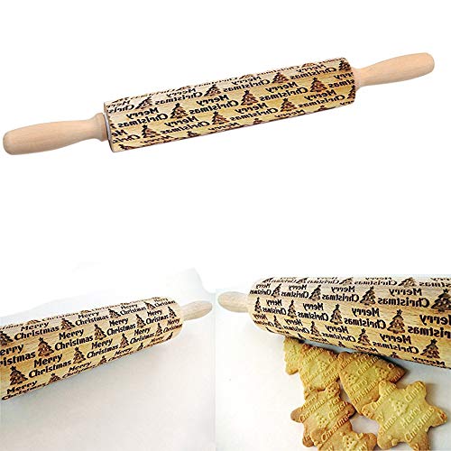 Christmas Wooden Rolling Pins Tpingfe Engraved Carved Wood Embossed Embossing Rolling Pin Kitchen Tool with Christmas Symbols for Baking Embossed Cookies (A:35×5cm)
