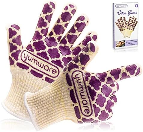 Yumware Heat Resistant Barbecue Oven Gloves - Withstands Heat up to 932ยฐf - Thick but Light-weight & Flexible - 3 Different Sizes - Gift Box Packaging (2 Premium Gloves Included)