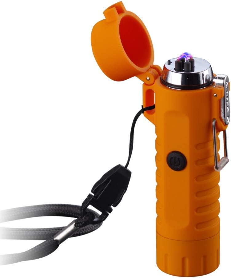 SANShine Dual Arc Lighter with Flashlight Double Arc Plasma USB Rechargeable Flameless Waterproof Stormproof Windproof Mini Electric Lighter for Cigar Candle Cigarette Pipe Sport Outdoor (Orange)