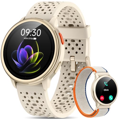 Quican Smart Watches for Women Men, 1.27" AMOLED, Answer/Make Call, Beige | Fitness Watch, Heart Rate/Sleep/SpO2 Monitor, 120+ Sports, 3ATM Waterproof, Android iOS Compatible, 2 Straps, Smartwatch Gift
