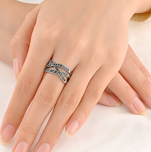 Yfnfxl Womens Vintage Black Marcasite CZ Rhinestone Crossover Stainless Steel Rings - Thumbnail 4
