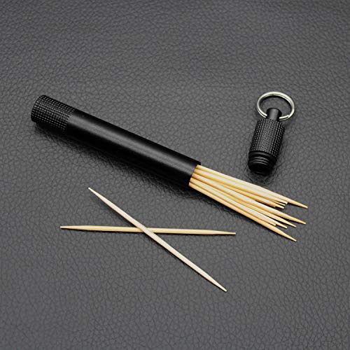 PPFISH Pocket Toothpick Holder keychain - Waterproof Aluminium Alloy Toothpick Box Container & Titanium Toothpick Ultralight Travel Kits (Black Aluminum + TI)