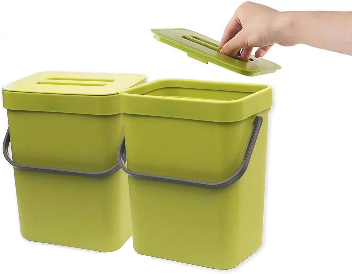 Gereen 1.3 Gallon Compost Bin, 2 Pack Compost Bucket Small Trash Can Wastebasket with Lid for Kitchen Countertop Under Sink (Green): Kitchen & Dining