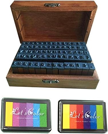 70pcs Alphabet Stamps Vintage Wooden Rubber Letter Number,Symbol Stamp Set And 12 Colors ink for DIY Craft Card Making and Scrapbooking(12 Colors ink )