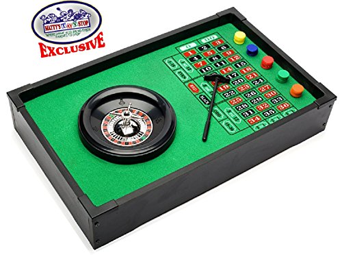 Matty's Toy Stop Deluxe Table Top Roulette Wheel with 50 Chips, Rake, Spinning Wheel & Double Zero Style Felt Covered Wood Table