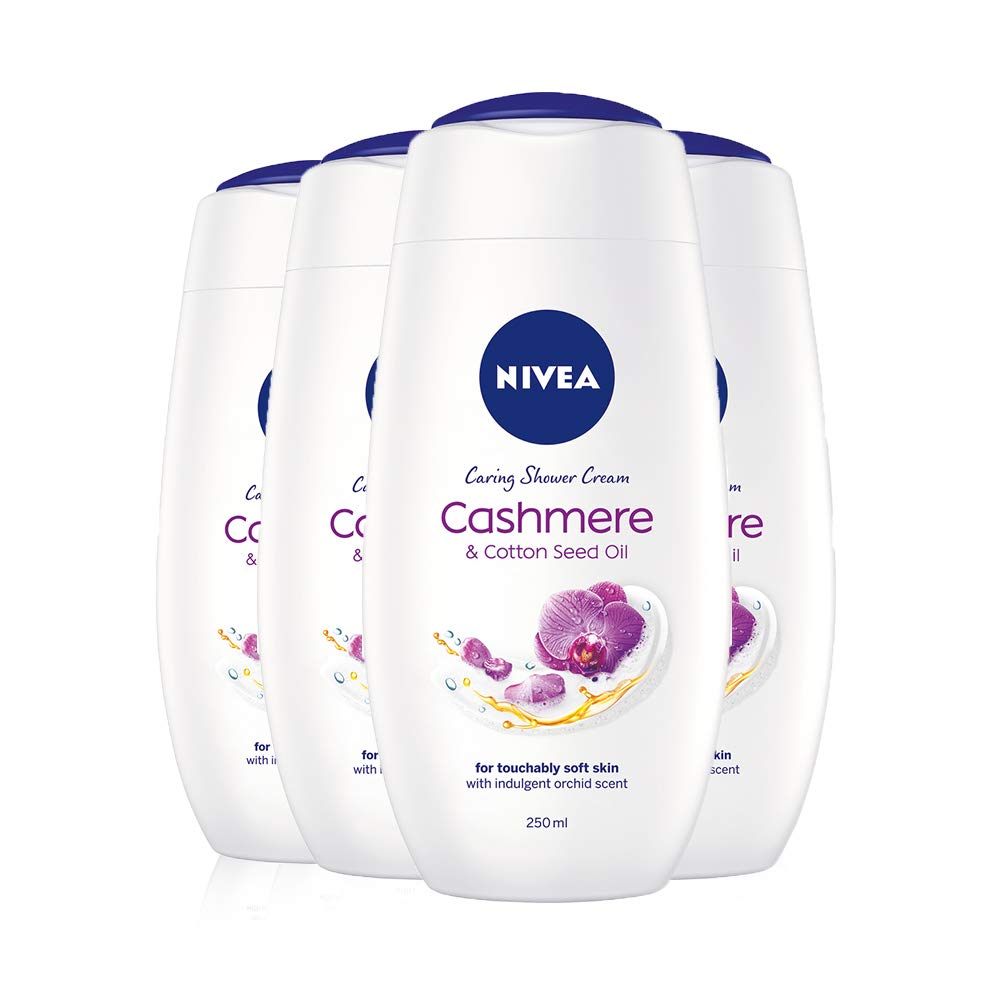 NIVEA Shower Cream Indulgent Moisture Cashmere Pack of 4 (4 x 250ml), Luxurious Body Cream + Cashmere Extract, Moisturising Shower Body Lotion, Skin Moisturiser