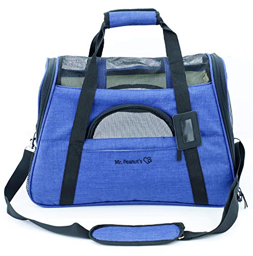 Mr. Peanut's Airline Approved Soft Sided Pet Carrier by, Two-Tone Luxury Travel Tote with Fleece Bedding, New Design, Under Seat Compatibility, Perfect for Cats and Small Dogs (Deja Blue)