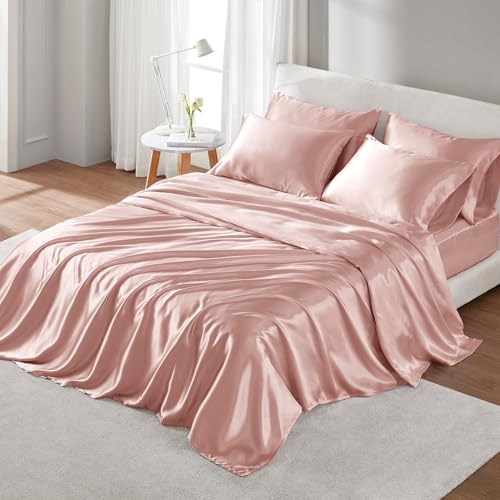Madison Park Essentials Satin Sheets Queen Size, Luxurious Silky Satin Bed Sheets, Elastic 14 Pocket fits up to 16 Mattress, Wrinkle-Free, Soft Satin Bed Sheet Set, Blush 6 Piece