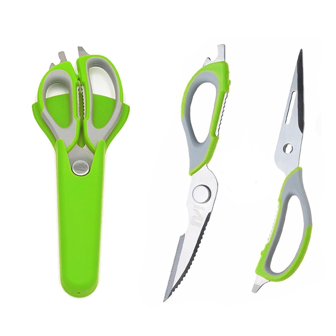 Multifunction Kitchen Scissors, 7-in-1 Heavy Duty Stainless Steel Culinary Scissor with Magnetic Holder, Detachable Household Kitchen Shear for Cut Poultry Bone Vegetables Fruit Seafood (Green)