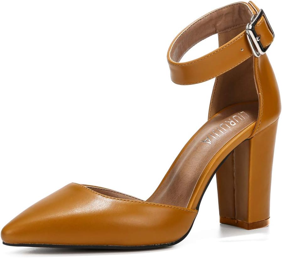 Women's Elegant Ankle Strap Pointed Toe Chunky Block High Heel D'Orsay Dress Pumps Shoes