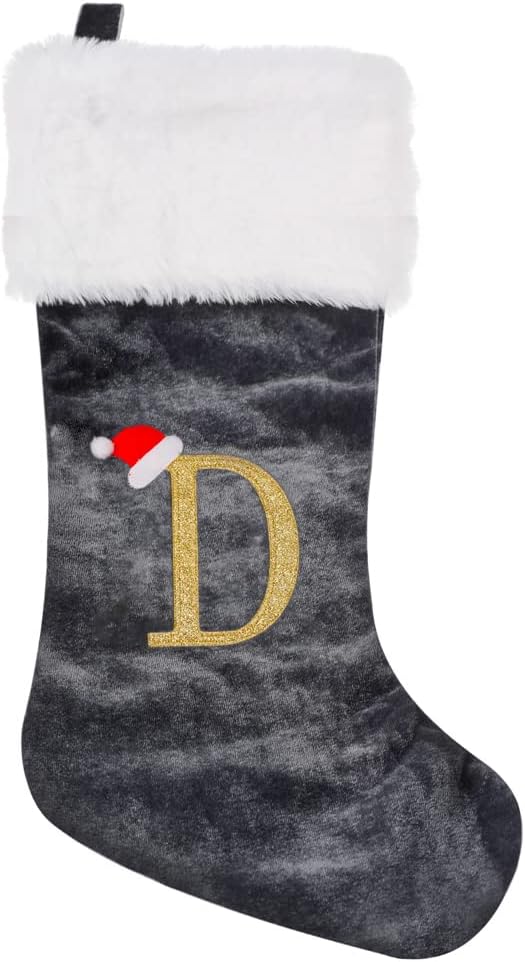 Stockings & Holders - CHRLRewa 20 Inches Initial Monogram Embroidered Christmas Stocking Grey Velvet with White Super Soft Plush Cuffs Christmas Decorations Stocking-D-46