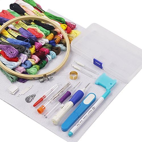 Embroidery Kit for Beginners, Embroidery Starter Kit Including 50 Color Threads, Embroidery Hoop, 2 Pieces Aida Cloth, Magic Embroidery Pen Punch Needle Set and Cross Stitch Tools