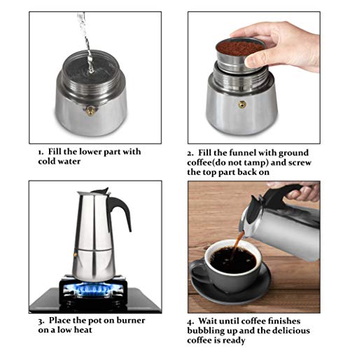 elabo Stovetop Espreeso Machine and Moka Pot for Gas or Electric Ceramic Stovetop, Italian Espresso Coffee Shot Maker for Italian Espresso, Cappuccino and Latte, Stainless Steel 304, 6 Cups