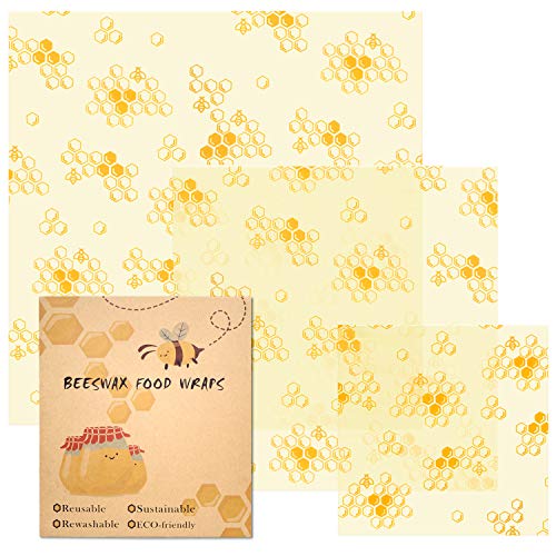 Reusable Beeswax Food Wrap 3-Pack, JONYJ Eco-Friendly Reusable Sandwich Wraps, Plastic Alternative Sustainable Organic Food Storage Wrap for Cheese, Fruit, Bread, Snacks - 1 Large, 1 Medium, 1 Small