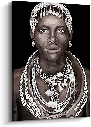 Pi Art Framed Canvas Wall Art African Man Portrait Indian Decor Afro Art Hand Painted on Canvas Print Pictures Home Decoration (24x36 inch, D)