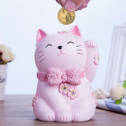 ElecNova Cute Pink Maneki-neko Lucky Cat Piggy Bank Home Decor Ornament Gift for Girls