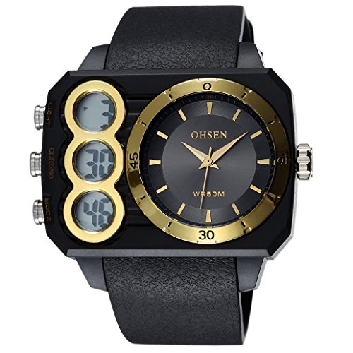 OHSEN Mens Analog and Digital Dual Time Big Watch with Light, Alarm ,Chrono,Water Resistant - Golden
