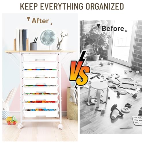 Rolling Storage Cart with Drawers, Craft Storage Cabinet with 8 Drawers and Wooden Tabletop, Utility Cart with Foldable Dual Side Panels & Wheels for Bedroom, Bathroom, Dorm, Office, Kitchen, White
