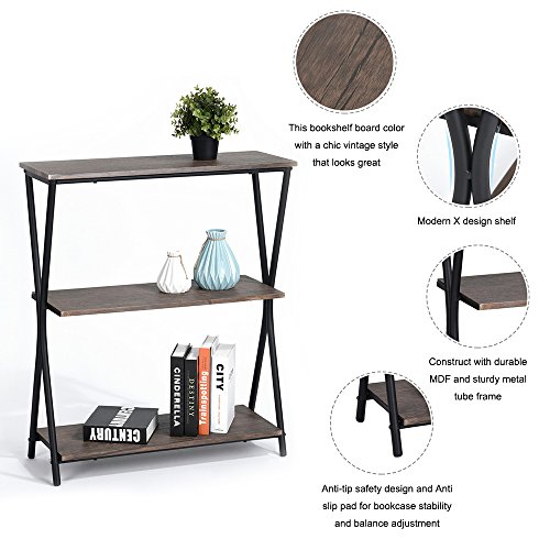 Aingoo 3 Shelf Bookcase, Vintage Industrial Bookshelf, MDF with Metal Frame Shelving Unit, Home Office Shelf Organizer, Multipurpose Storage Shelf Display Rack (Brown) - Thumbnail 5