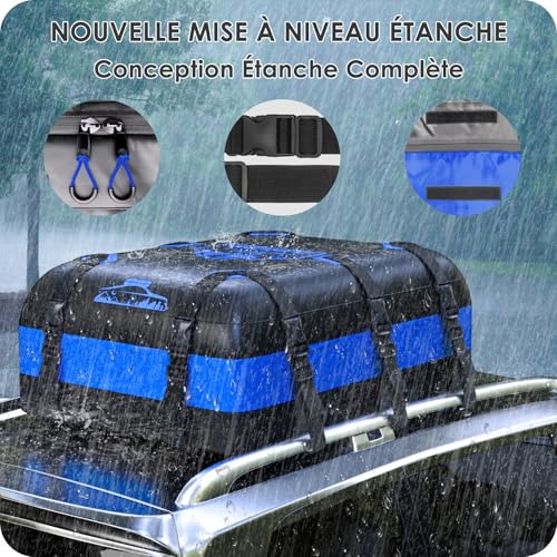 Rymopuey 425-566L Waterproof Roof Bag, No Need for Luggage Rack, Car Roof Box with Non-Slip Mat and 6 Heavy Duty Straps (Blue-566L)