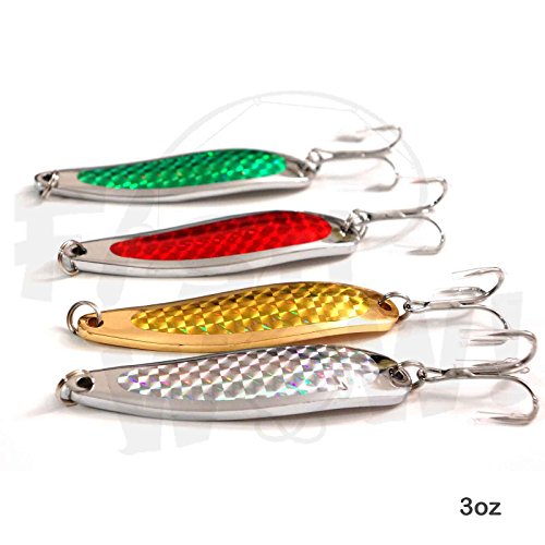 4pcs 3oz 6inch Fishing Spoon with a Treble Hook Silver, Gold, Red, Green Holographic Laser tape - Fish WOW!