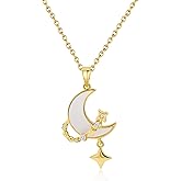 Watforsh 14K Gold Plated Moon and Star Crescent Pendant Cubic Zirconia Necklace with Adjustable Chain for Women Celestial Jewelry
