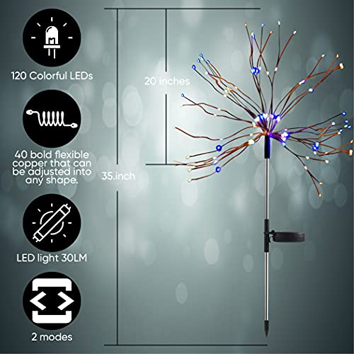 ONM Outdoor Solar Light-3 Pack Solar Garden Lights with 2 Solar Powered American Flag Lights and 1 Solar Firework Light Waterproof-Multi Color-Bigger Solar Panel for Pathway Party Patriotic Decoration