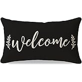 PANDICORN Farmhouse Welcome Throw Pillow Cover 12x20 Inch Black White Outdoor Front Porch Patio Decorations Rustic Lumbar Decorative Cushion Case for Home Living Room Bedroom Couch Bench Decor