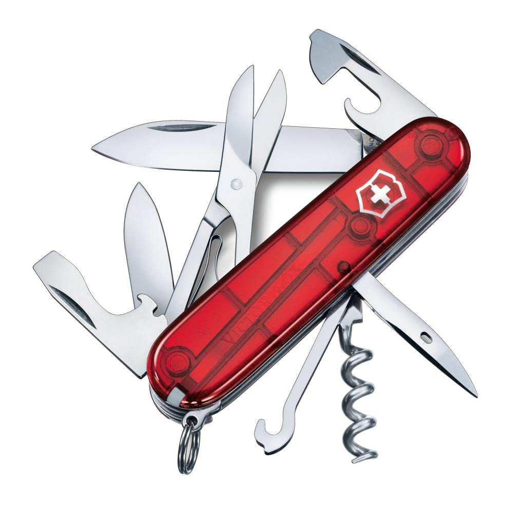 Victorinox Climber Swiss Army Pocket Knife, Medium, Multi Tool, 14 Functions, Blade, Bottle Opener, Red Transparent