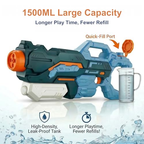 Vivyklfc 1500ml Large Capacity Water Pistol, 4-in-1 Adjustable Nozzle Super Soaker Pump Action Blaster, 8-10 Meters Range Water Gun for Adults & Kids, Outdoor Toy for Summer Pool, Beach & Garden