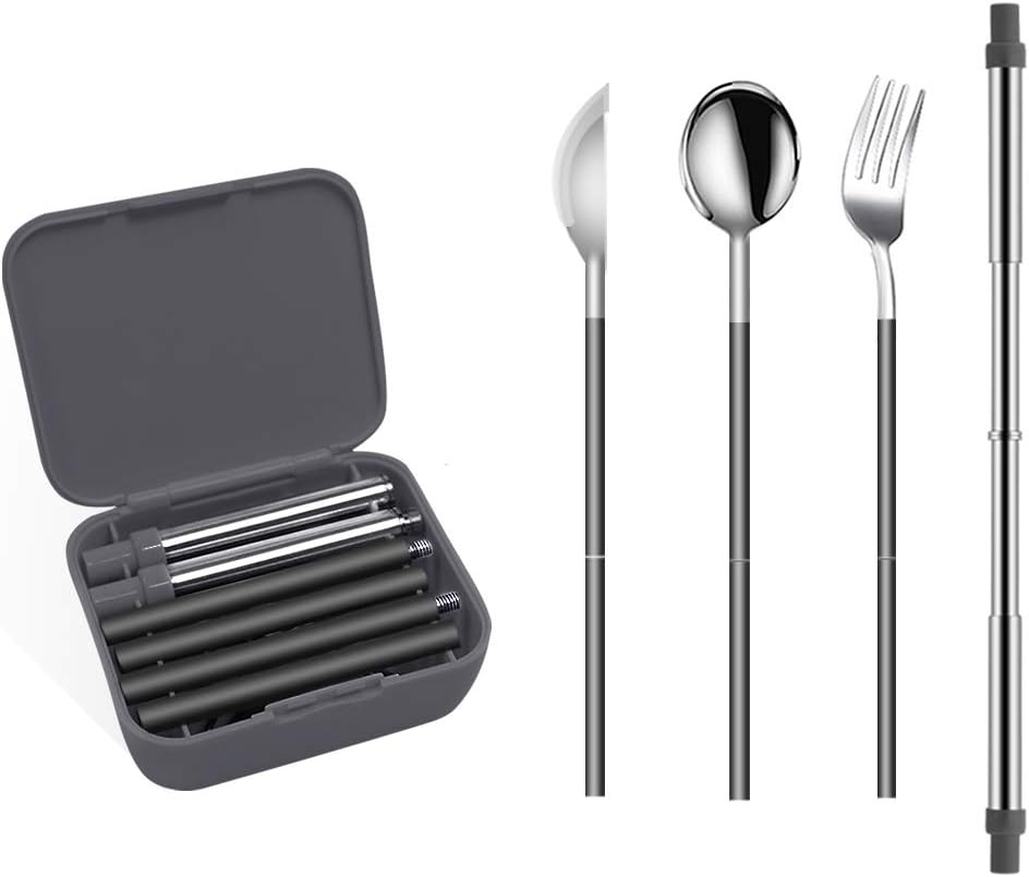 Portable Utensils Collapsible Silverware Cutlery Set - Travel Camping Reusable Flatware Stainless Steel Fork/Spoon/Knife/Straw Set (Black)