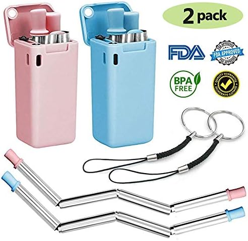 Chlove Collapsible Straws Stainless Steel Reusable Folding Food-Grade Drinking Straws Portable Travel Straw Dispensers (B-Blue+Pink,2 Pack, 9.05 inch)
