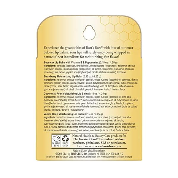 Burts-Bees-Balms-100-Percent-Natural-Gift-Set-Pack-of-4 Burt's Bees Lip Balm Multipack, Lip Balm Set, Beeswax, Strawberry, Coconut & Pear, Vanilla Bean, Best of Burt's, 4x4.25g