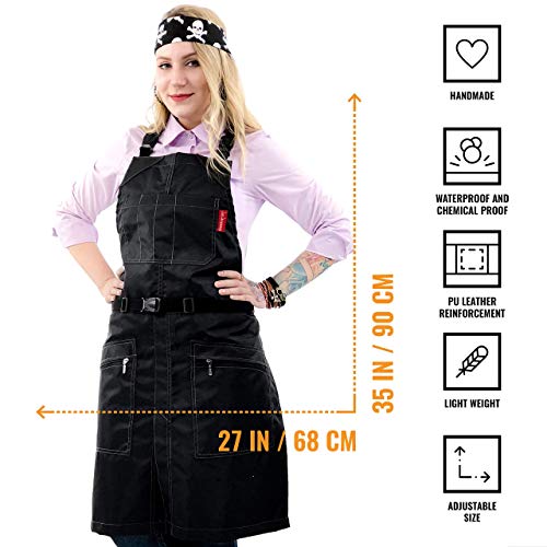 Cross-Back Barber Black Apron - Heavy-Duty Nylon, Water Chemical Resistant, Zipped Pockets, No-Tie, Split-Leg - Adjustable Men, Women - Pro Hair Stylist, Salon, Colorist, Artist