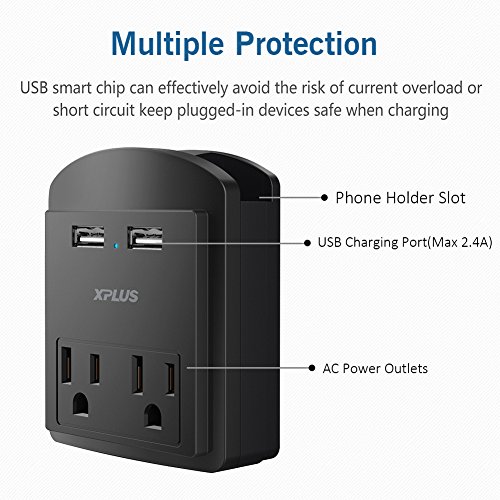 USB Wall Mount,XPLUS 2 USB Charging Ports (2.4A) & 2 AC Outlet Plugs, Surge-protected Power Socket Extender with Topside Phone Holders for iPhone, iPad and Others, ETL Certified