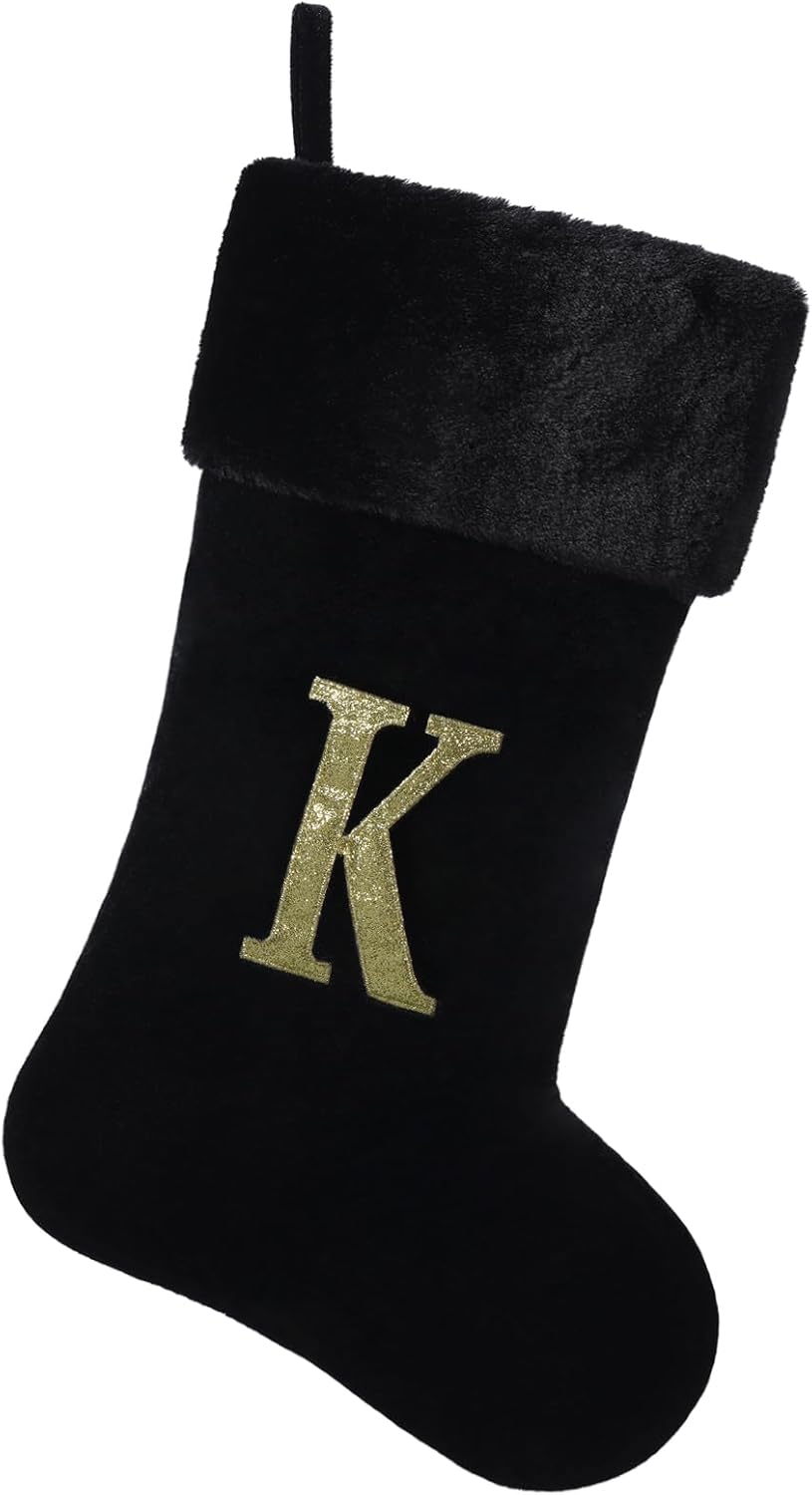 Stockings & Holders - Yehnois 20 Inches Initial Monogram Christmas Stocking Personalized,Deluxe Black Velvet Body with Super Soft Plush Cuff Embroidered Letter,Holiday Season Decor（K）
