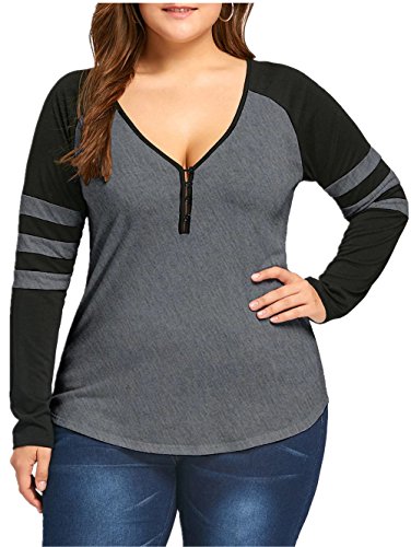 Imysty Plus Size Womens Tops Long Sleeve Sexy V Neck Striped Raglan Henley Shirts Blouse (XX-Large, Grey) - Thumbnail 4