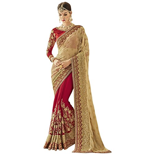 Triveni Indian Regal Red Colored Embroidered Faux Georgette Wedding Saree