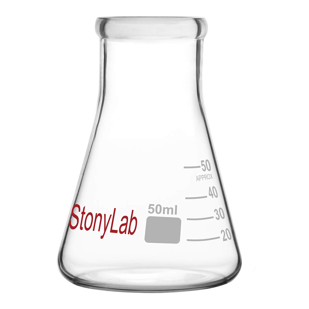 stonylab 1-Pack Glass 50ml Heavy Wall Narrow Mouth Erlenmeyer Flasks with Heavy Duty Rim (50ml Fits with StonyLab 4# Rubber Stopper)