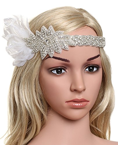 BABEYOND Women's Ribbon Headpiece Vintage Headband 1920 Feather Flapper Headband Wedding Headbands for Bride Full Crystal Beads