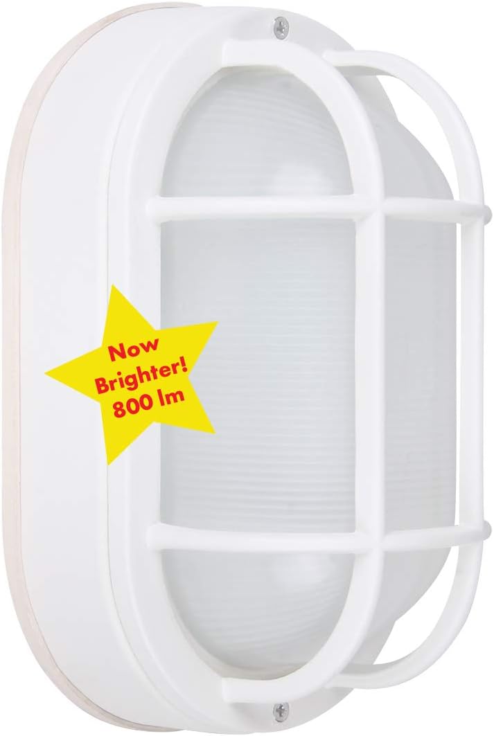 CORAMDEO Outdoor 8.5” Oval LED Bulkhead Light, Flush Mount for Wall or Ceiling, Wet Location, 75W (800 lumens) of Light from 10.5W of Power, 3K, White Cast Aluminum with Frosted Glass Lens