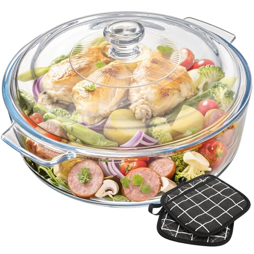 ELFULLY Glass Casserole with Lid, 1.8 Quart Round Clear Baking Dish for Oven & Microwave, Heat-Resistant Versatile Tempered Glass Cookware with 2 Pot Holders for Food Prep and Baking, Dishwasher Safe