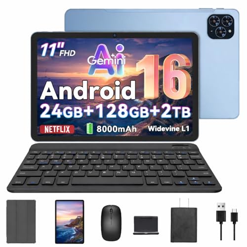 Tablet 2026 Android 16 Tablet with Gemini AI 3.1, 11 Inch FHD Display, 24GB RAM 128GB ROM/2TB TF, T7250 CPU + 13MP Camera, 8000mAh, Widevine L1, Tablet with Keyboard, Mouse, Blue, for Work and Study