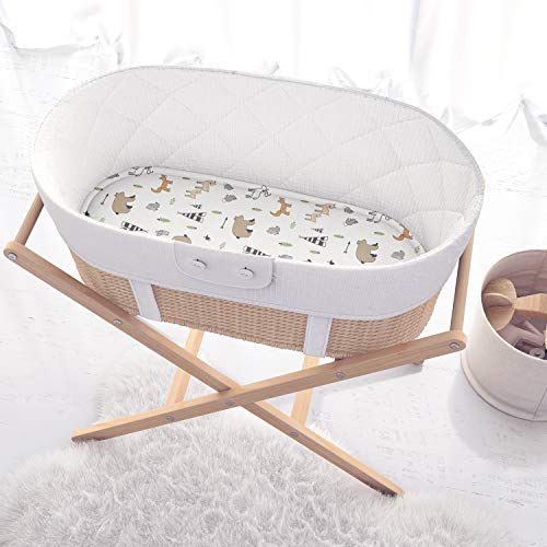 Stretchy Jersey Cotton Bassinet Sheets Compatible With Chicco Lullago, Halo Bassinest, Arms Reach Versatile and Other Oval, Rectangle Basinette - Ultra Soft - Forest Animals - Gender Neutral