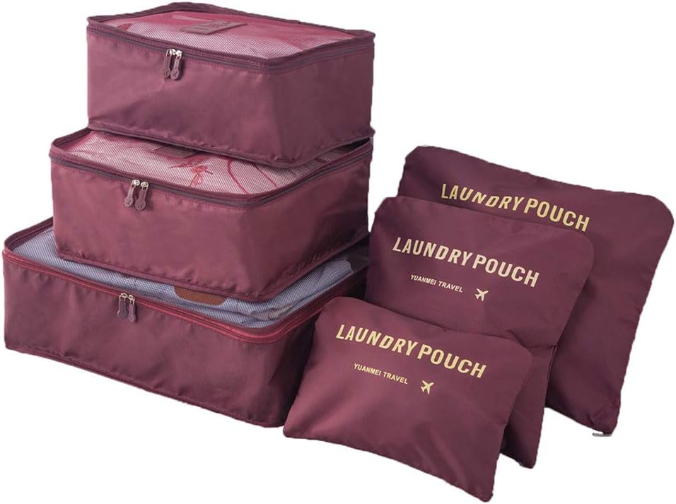 Lightweight 6 Pcs Packing Cubes System, FashionUP Travel Storage Packing Organizers Laundry Bags Compression Pouches for Luggage (Wine Red)