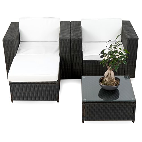 XXL Balkon Lounge Set für Balkon und Terrase erweiterbar - Polyrattan Balkon Lounge Set - schwarz – Gartenmöbel Lounge Möbel Set Garnitur - Gartenlounge Set + Lounge Sessel + Hocker + Tisch + Kissen – Bild 2