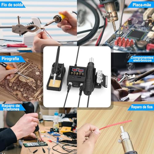 Solda, Ferro de Solda Termostática Inteligente, 110V Estação de Retrabalho, Estação de Solda, Kit de Estação de Retrabalho de Ar Quente 2 em 1, Função de Ar Quente, Equipado com 3 Bicos de Ar Quente