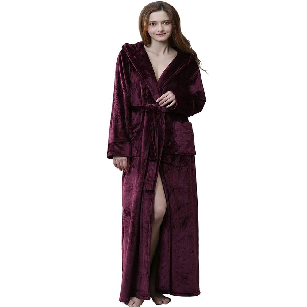 Women Winter Hooded Dressing Gown Purple Red Blue Beige